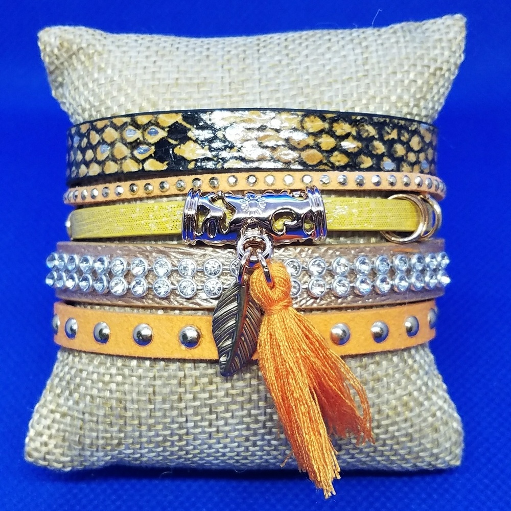 Orange Snake Print Leaf Tassel Leather Bracelet